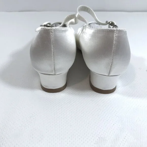 Girls Satin Shoes White 1.5 Communion Bridal Shoes Floral Rhinestone Ankle Strap - Picture 7 of 13